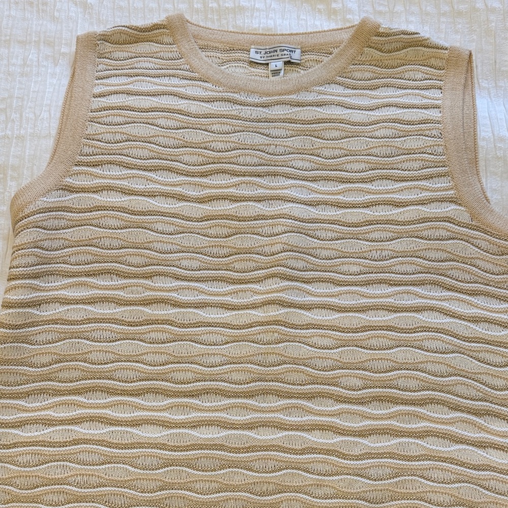 St. John Collection Tan and Cream Knit Sleeveless Top Size M-L